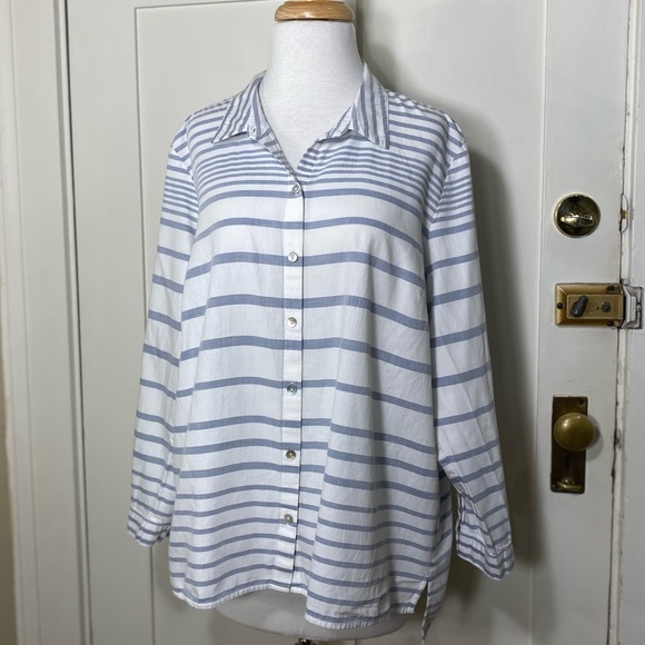 J.Jill Blue White Cotton Tunic Striped Button Down Top - Picture 3 of 12